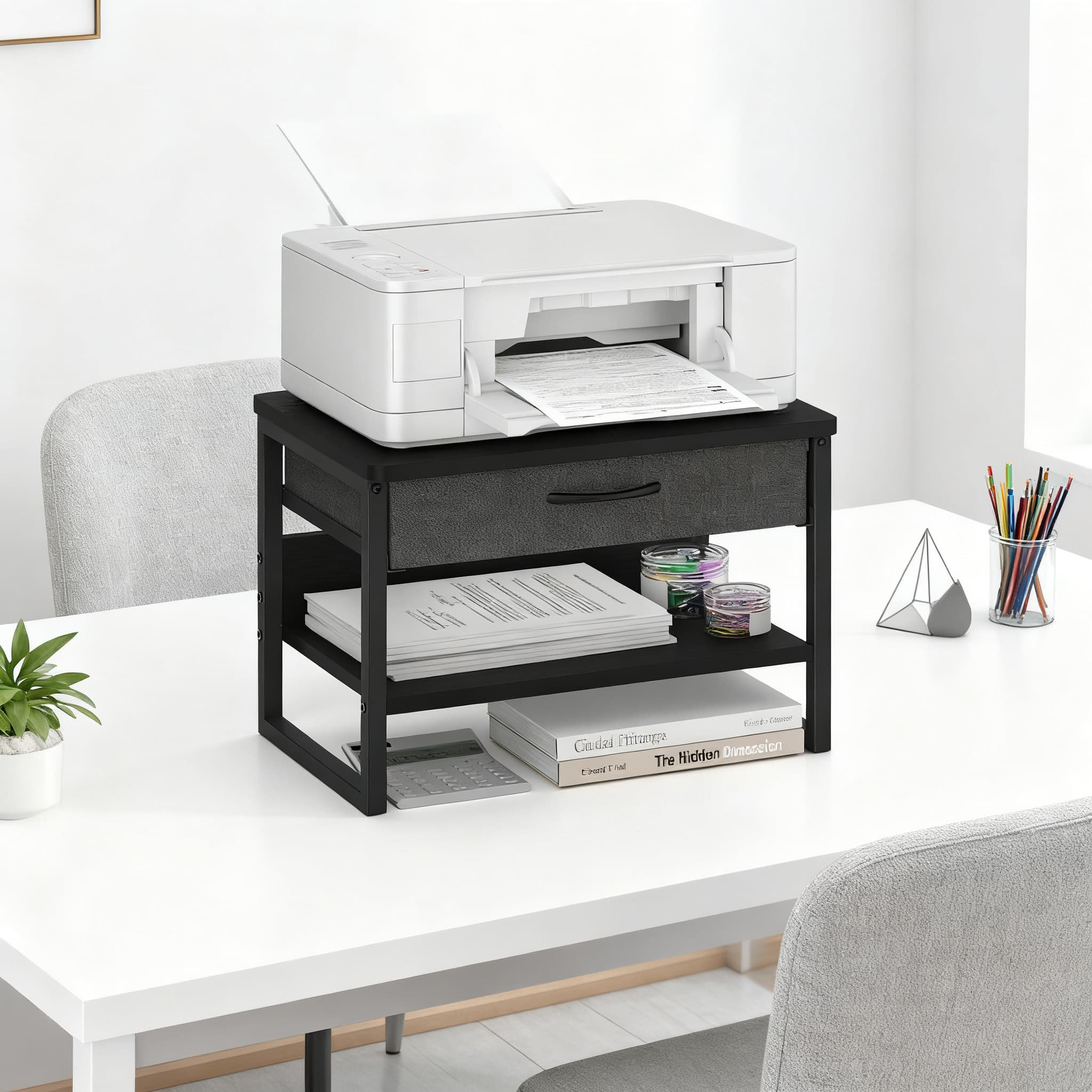 Latitude Run® 2-Tier Desktop Printer Stand With Storage Drawer, Heavy ...