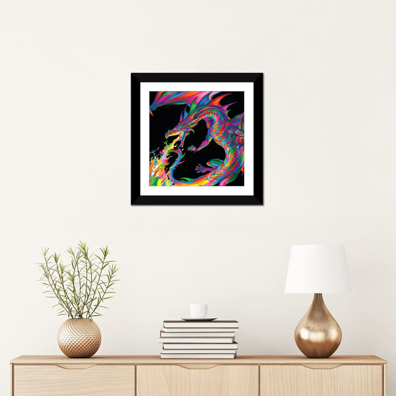 «Fantasy Dragon», impression sur toile, H 16 po x l 16 po x P 1 po, Papier beaux-arts encadré noir, Blanc