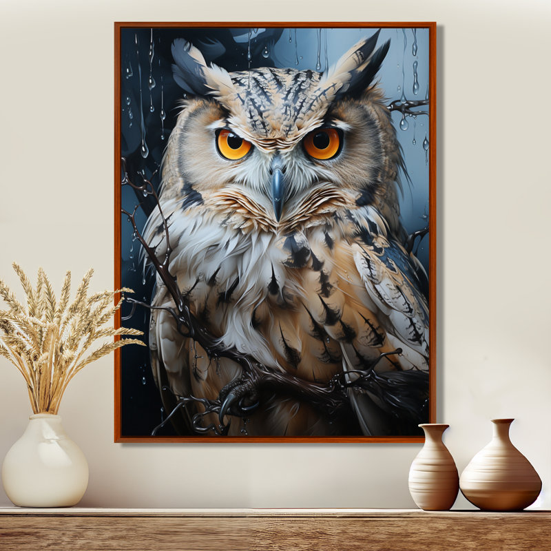 «Grey Owl Nights Watch I», art mural hibou, H 40 po x l 30 po x P 1,5 po, Cadre flottant brun
