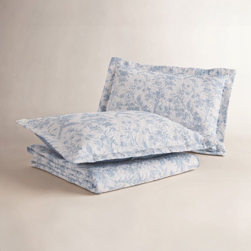 Laura Ashley Amberley Reversible Cotton Quilt Set, Full/Queen Quilt + 2 Shams, Blue
