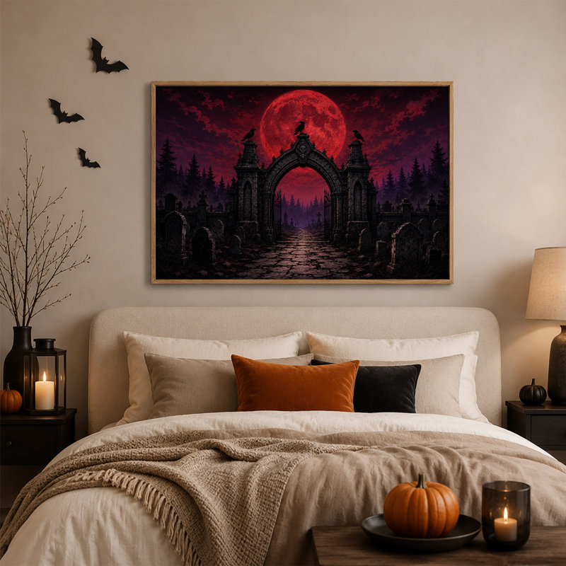 Porte de cimetière gothique avec corbeaux sous une lune rouge - Toile murale d'Halloween, 24"H x36"W