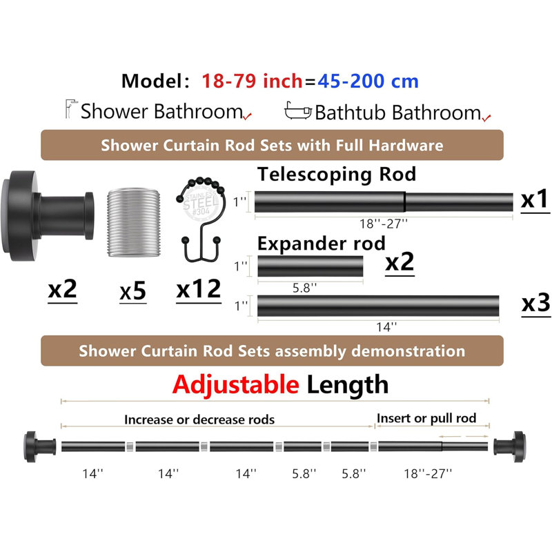Tringle de douche noire avec 12 crochets, 43 à 72 pouces, résistance à la rouille, tringle de tension réglable avec ressort durable, sans perçage - utilisation pour la salle de bain, la chambre à coucher, la maison, noir mat