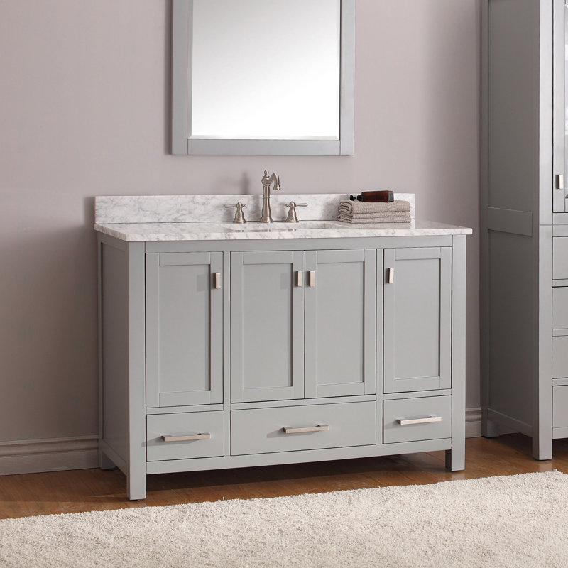 Modero 48" Single Bathroom Vanity with Top, Chilled Gray, Carrera White Marble, Brushed Nickel