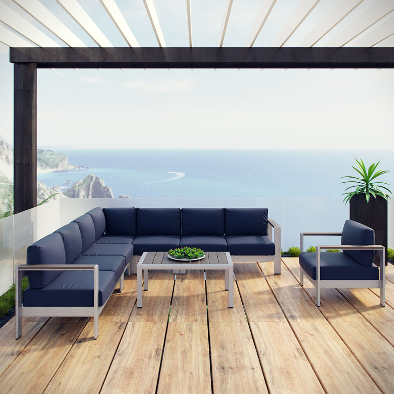 Shore 7-piece Aluminum Outdoor Patio Sectional Sofa Set, Navy