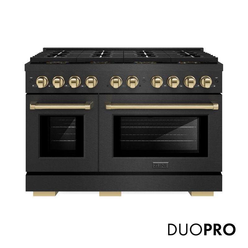 ZLINE Autograph 48 in. Paramount DuoPro Gas Range in Black Satin Stainless Steel and Gold Accents, Polished Gold