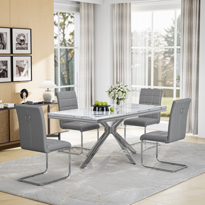 5-Piece Modern Dining Set, 70” Faux Marble Rectangular Table with Metal Base & 4 PU Leather C-Shape Base Chairs