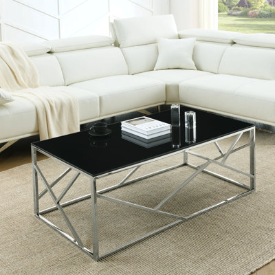 Modern Rectangular Coffee Accent Table With Black Tempered Glass Top And Stainless Steel Frame