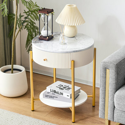 Mid-Century Modern  Marble Look Top End Side Round Table with Drawer