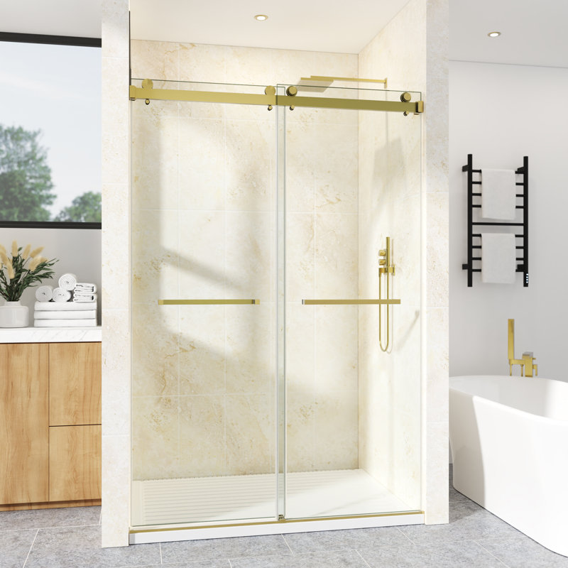 Porte de douche coulissante double sans cadre l 56 à 61 po x H 79 po avec verre trempé transparent de 3/8 po (10 mm), film incassable et localisateur de trous d'installation
