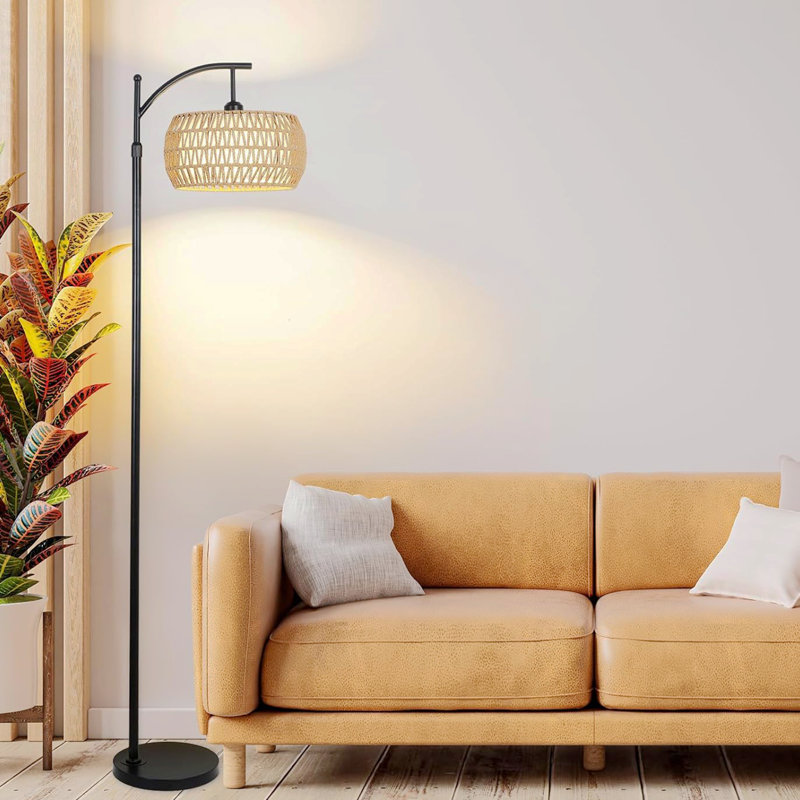 65"H Arc Floor Lamp With Remote & Stepless Dimmable Bulb, Bohemian LED Floor Lamp With 3 Color Temperatures And Rattan & Fabric Shades, Farmhouse Tall Lamp Pole Light For Living Room, Bedroom