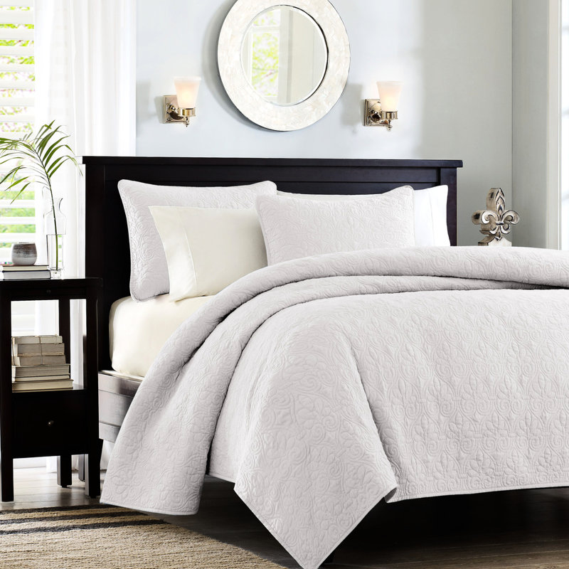 Couette réversible blanche grand lit/queen - Literie chauffante saisonnière, matelassée, rembourrage en coton prélavé, 3 pièces avec 2 taies d'oreiller ajustables