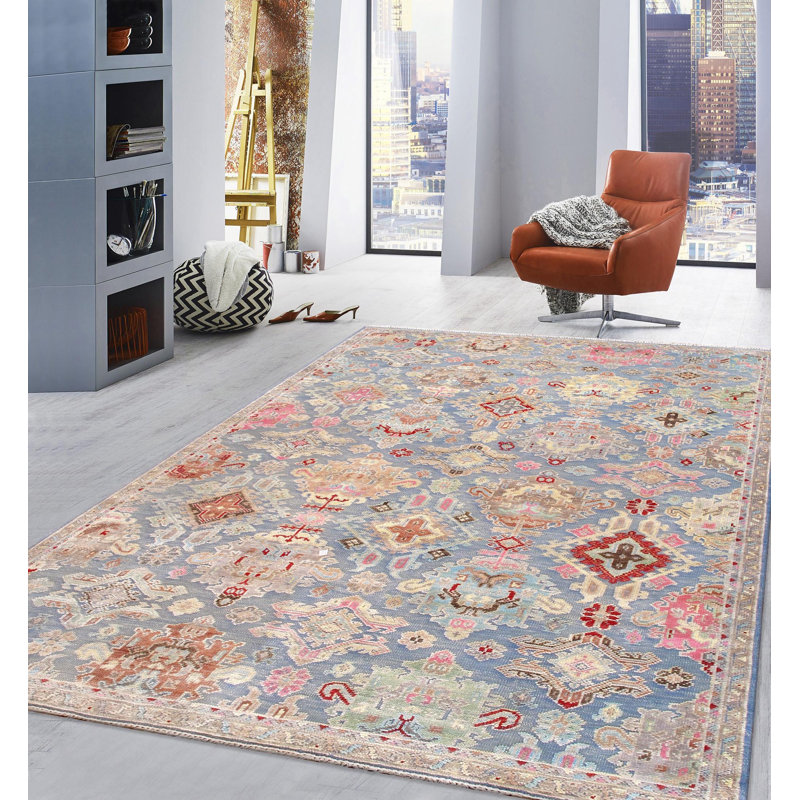 Tapis bleu / rose noué à la main Oushak, Rectangle 12 pi x 15 pi