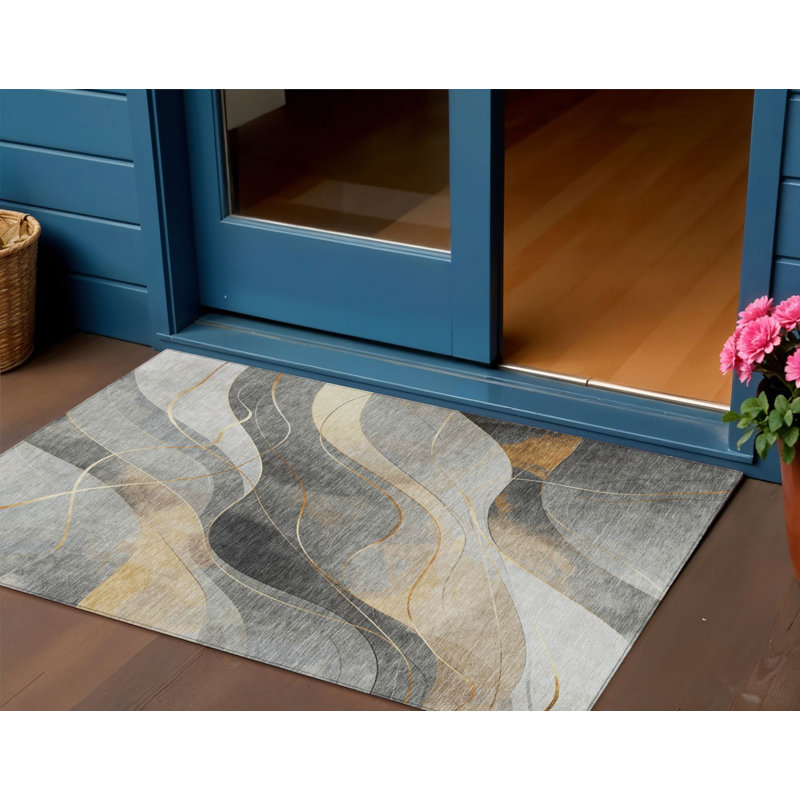 3' X 5' Gray Silver And Rust Abstract Washable Indoor Outdoor Area Rug