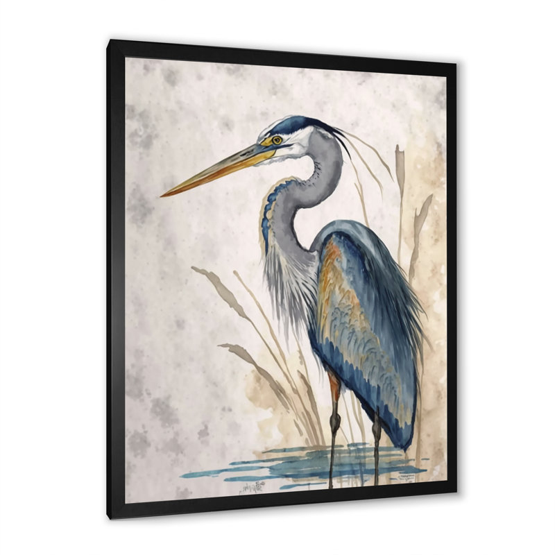 «Passabe Heron By The Waterside Watercolor II», reproduction d'art sur toile, H 40 po x l 30 po, Toile avec cadre photo, Noir