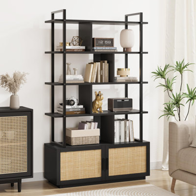 5-Tier Tall Rattan Office Bookshelf - 71.1" Industrial Bookcase - Storage Cabinet with Door - Metal Frame, Open Display Shelves