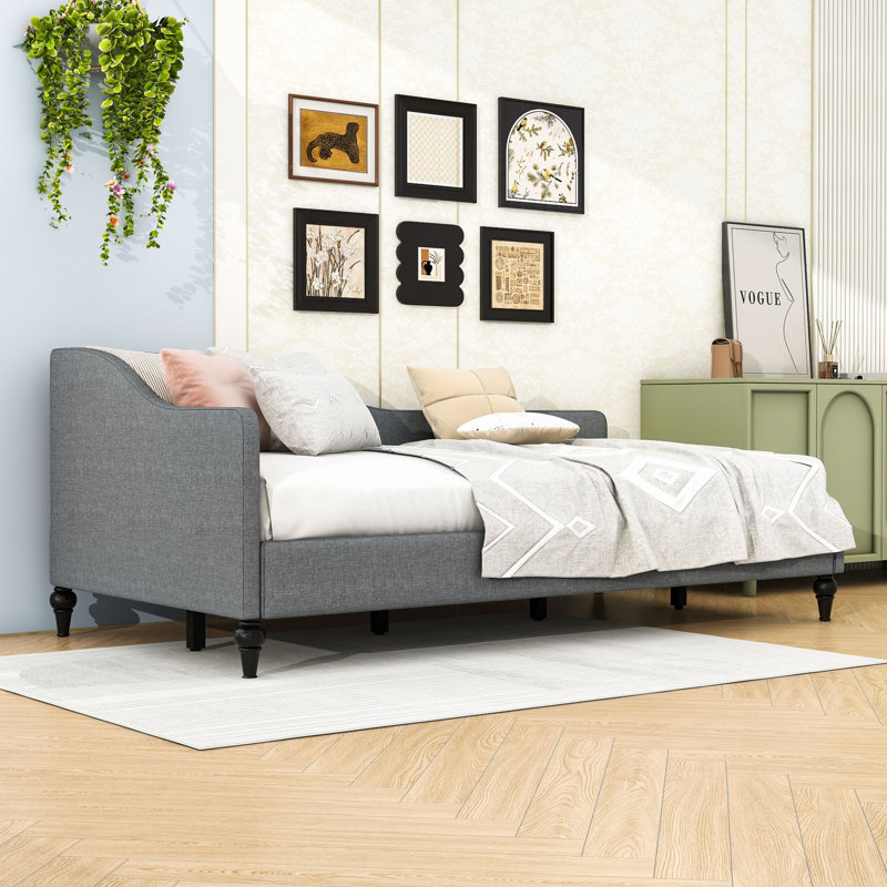 Linen Upholstered L-Shaped Daybed with Semi-Enclosed Design, Gray, Twin