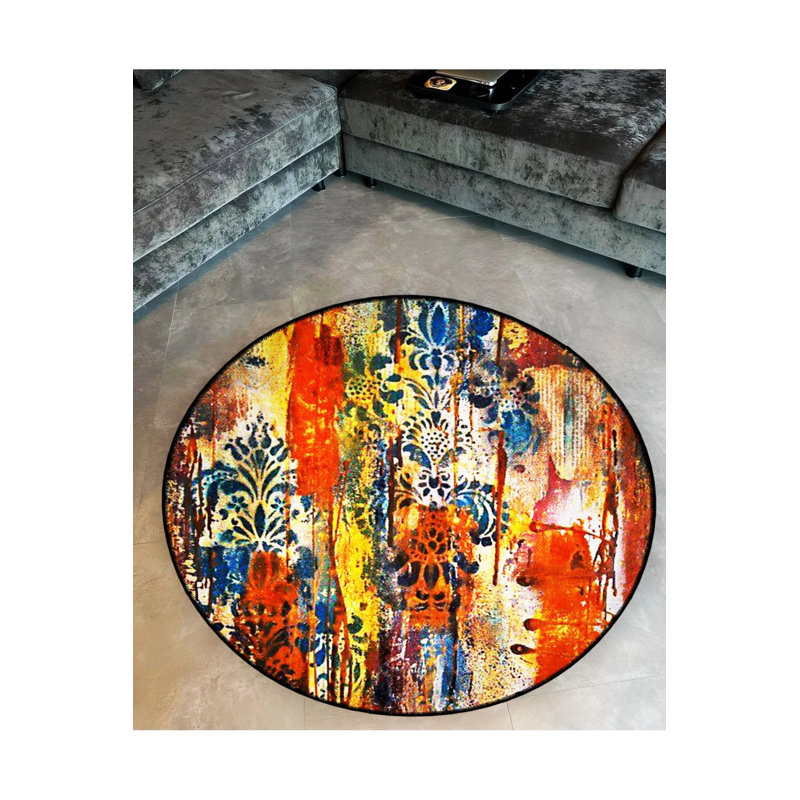 Multicolored Abstract Motifs Patterned Round Woven Base Vintage Decorative Carpet, Round 4'