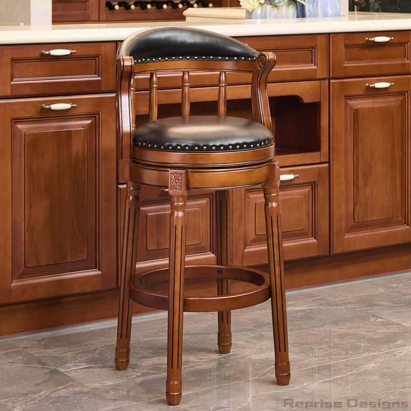 360 Degree Swivel Cow top Leather Wooden Bar Stools, Bar Stool (29.5" Seat Height), Black