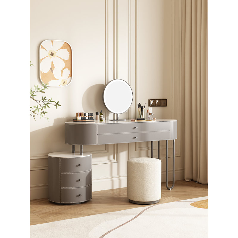 Jahnea Vanity-Elegant Set: Saddle Leather-Finished Top Vanity Table & Stool, Stainless Steel Support, Reversible Installation, and Dimmable LED Mirror