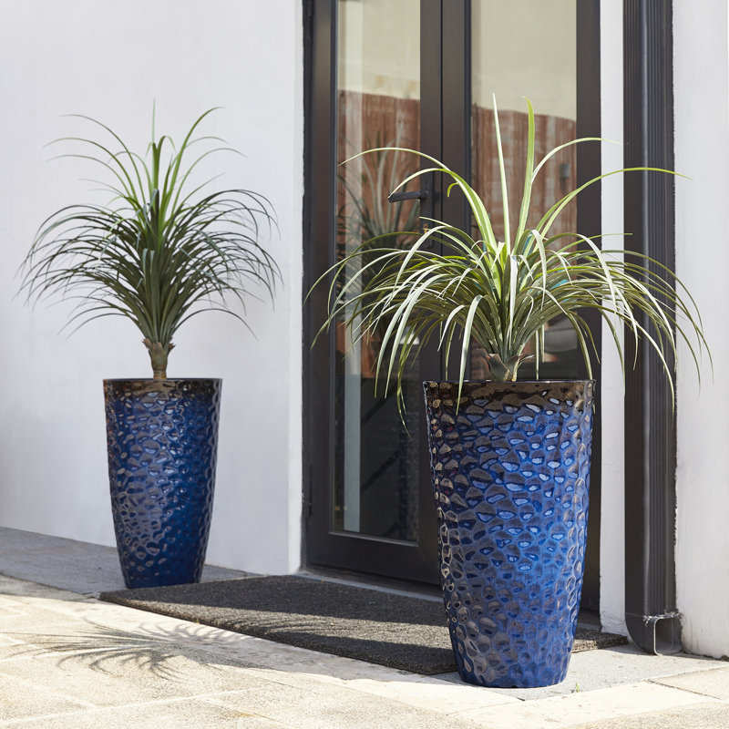 23.75"H Set Of 2 Oversized Eco-Friendly PP And Stone Honeycomb Textured Tall Plastic Planter, Blue