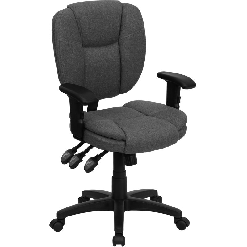 Mid-Back Multifunction Ergonomic Task Office Chair with Pillow Top Cushioning, Gray Fabric, Adjustable Arms