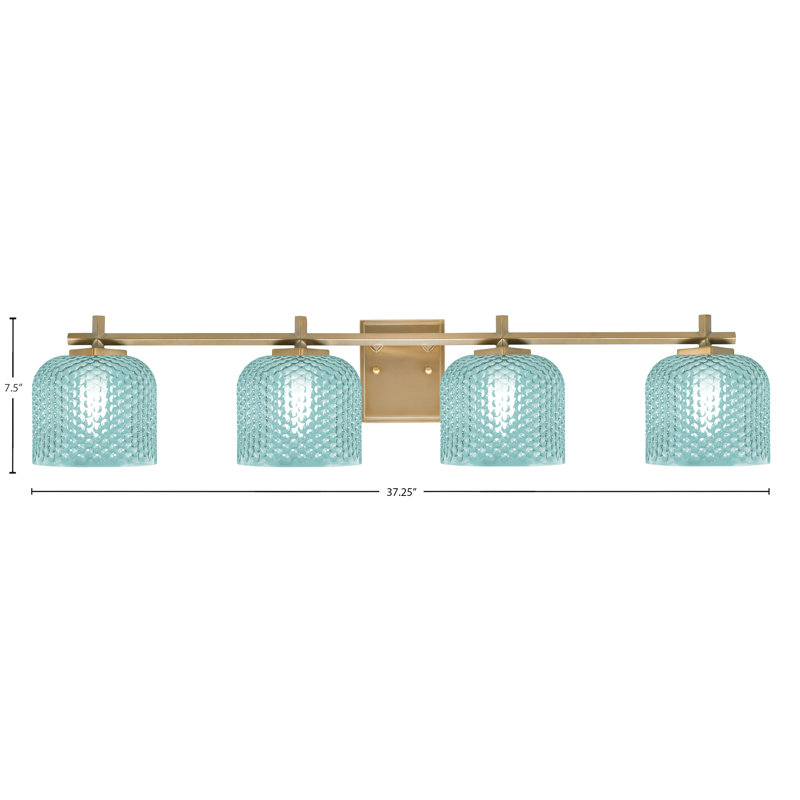 Barre d'éclairage de salle de bain 4 lumières Mariko avec verre texturé turquoise 6 po, Bleu sarcelle, Laiton New Age