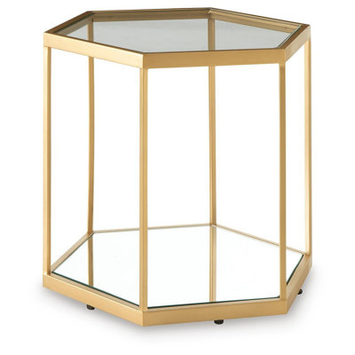 Veryl Accent Cocktail Table with Glass Top, Gold Hexagonal Metal Frame 18 Inch