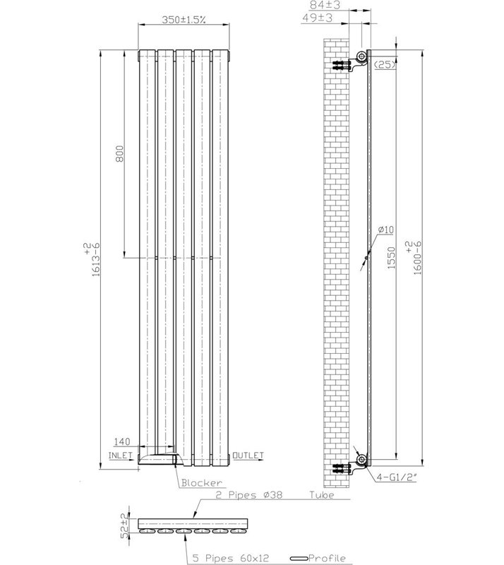 Designer Radiator, 62cm H x 13cm W x 3cm D, Grey