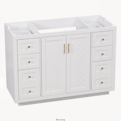 Base de meuble-lavabo autoportant 48 po seulement, base en bois aggloméré avec 6 tiroirs et 2 portes à fermeture en douceur, poignées en métal doré, blanc