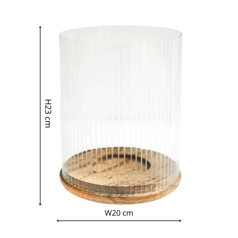 Ivyline Amelia Ribbed Glass Wooden Candle Holder Glass Tabletop Pillar, 23" H x 20" W x 20" D