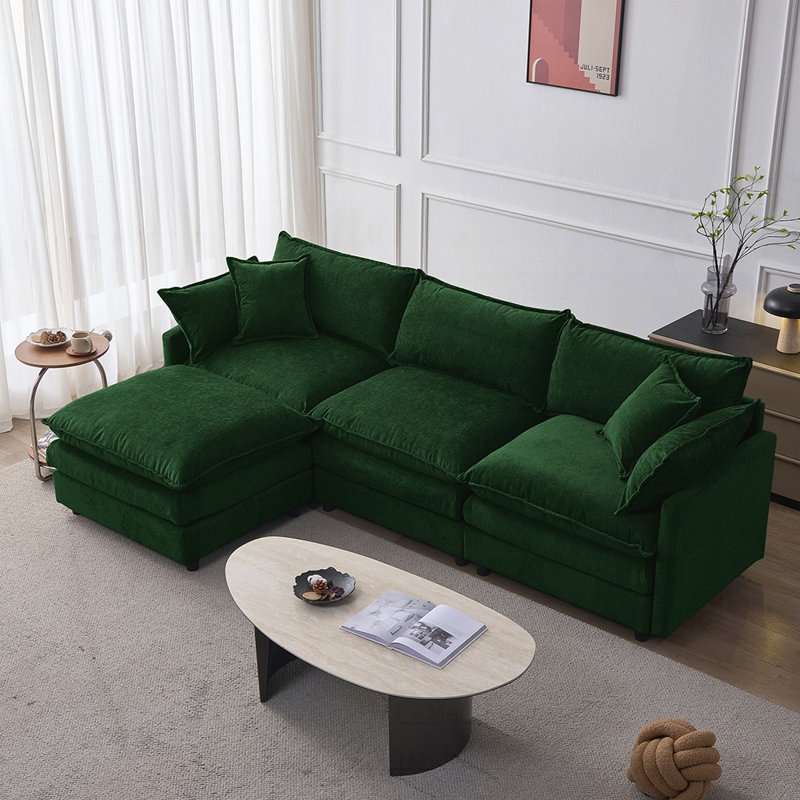 Canapé modulaire avec repose-pieds, tissu en chenille doux, sièges confortables et structure en bois robuste pour des salons confortables