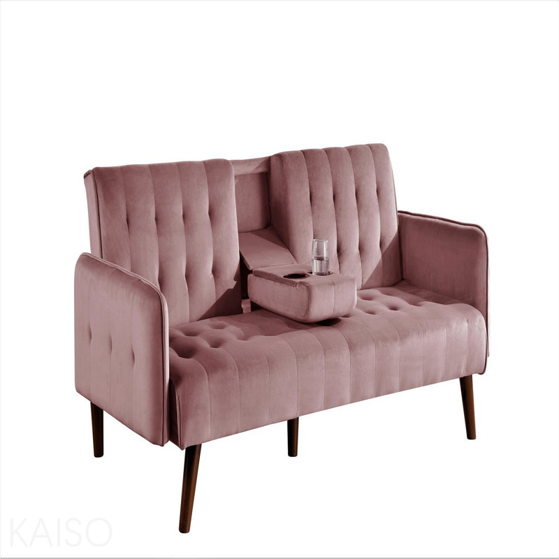 Canapé-lit de 72 po - Dossier convertible pliant en lit double avec porte-gobelet et table rabattable - Canapé en lin compact pour petits espaces - Assemblage facile, rose