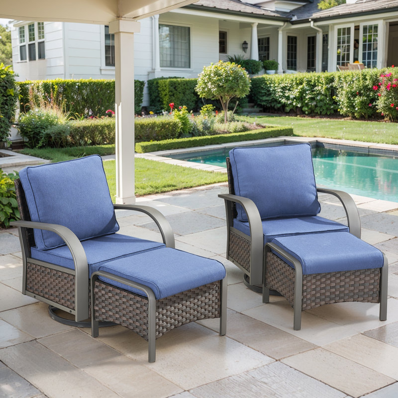 Bobra Outdoor Wicker Rattan Swivel Rocking Patio Chairs With Cushions And Ottomans, Blue