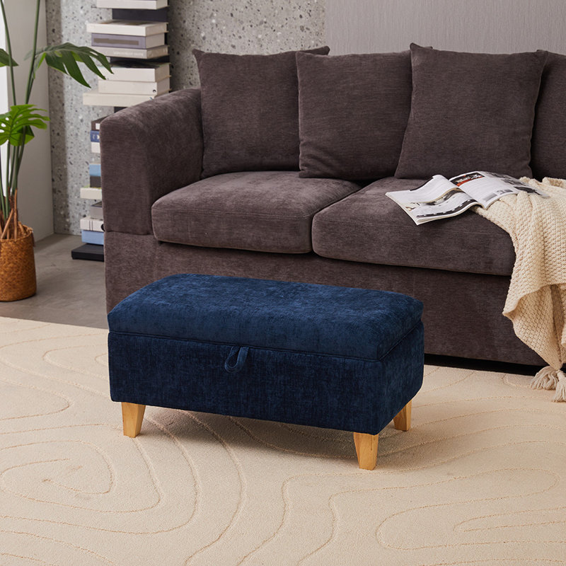 71cm Wide Rectangle Footstool Ottoman with Storage, Blue Chenille