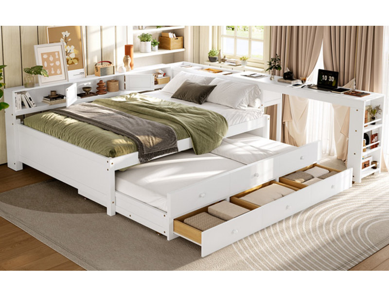 Full Size Daybed With Trundle,Wood Daybed Frame with Storage Drawers,Side Shelves and Desk,White, Full/Double, White