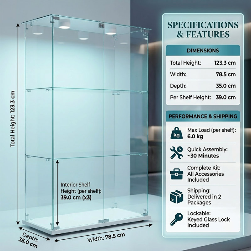 3-Tier Double Door Glass Display Cabinet with LED Puck Light,  123cmH Large Frameless Curio Cabinet with Glass Top, Black / White