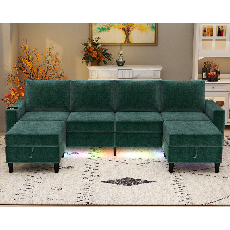 6 Seat Chenille Sectional Sofa With Smart Module-Wireless Charging/Usb/Type-C/Rgb Light, Green