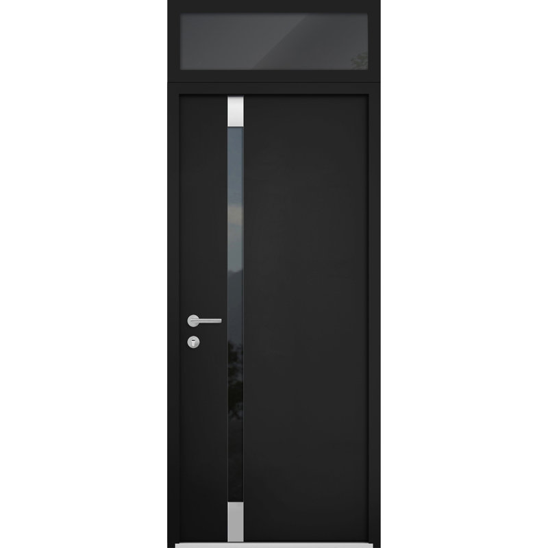 Porte d'entrée extérieure prémontée en acier Cynex 6777, partie supérieure noire, fenêtre extérieure avec inserts en acier inoxydable, style moderne, peinte, largeur 36 po x hauteur 80 + 16 po, ouverture à droite vers l'extérieur