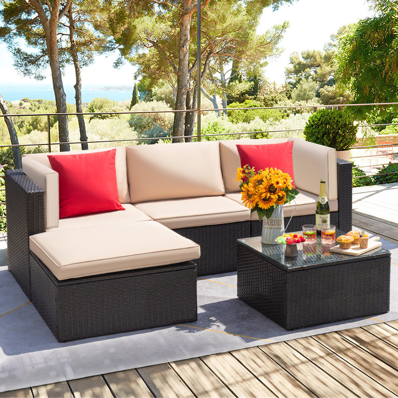 Huang 5 Piece Rattan Sectional Seating Group with Cushions, Beige/Red, Brown