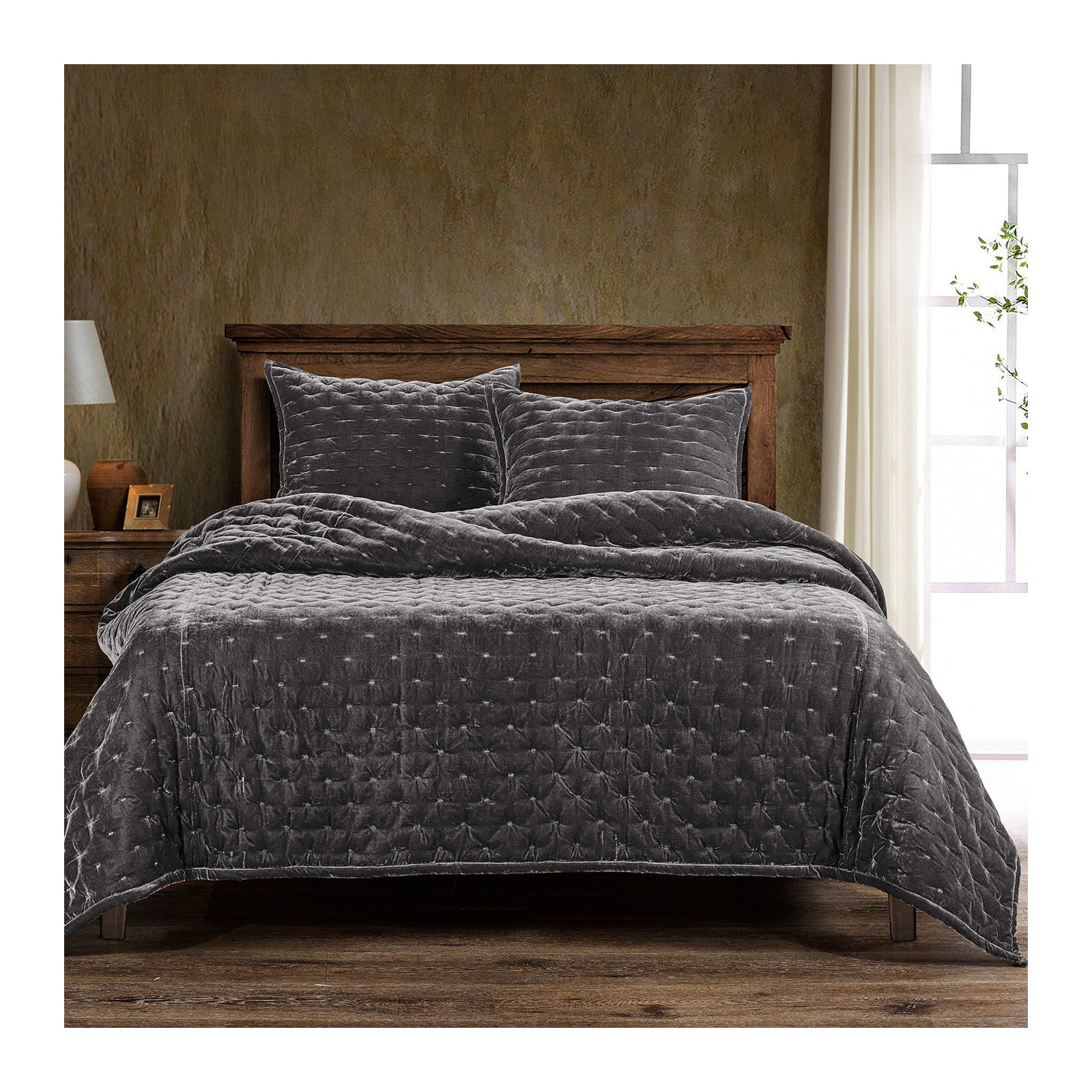 Stella Faux Silk Velvet Classic Chic Modern Rustic Romantic Western 1 Piece Quilt, Slate, Queen Quilt