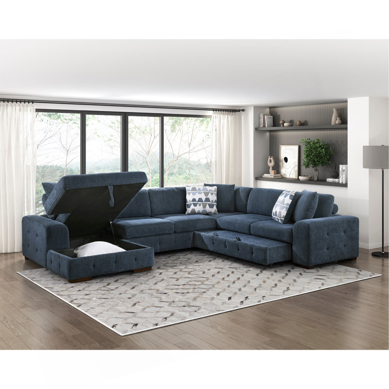 Canapé modulaire moderne 4 pièces avec méridienne de rangement et canapé-lit capitonné gauche
