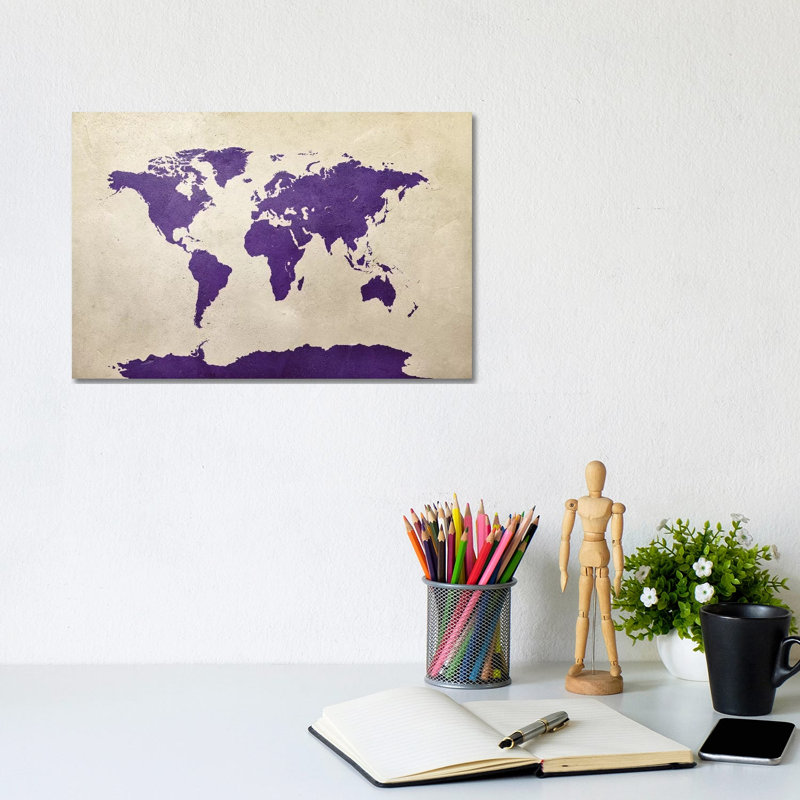 World Map Purple by Michael Tompsett - Wrapped Canvas Gallery-Wrapped Canvas Giclée, 20.32 cm H x 30.48 cm W
