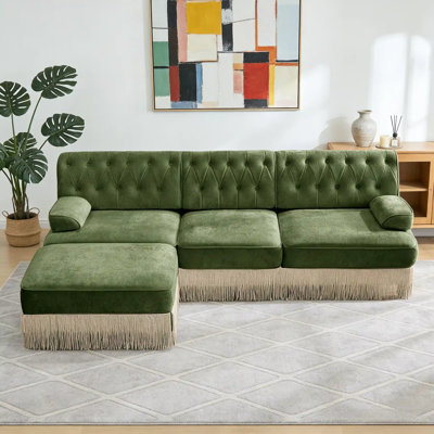 Canapé modulaire 106,1 po en velours vert avec conception capitonnée et jupe à pampilles, facile à assembler