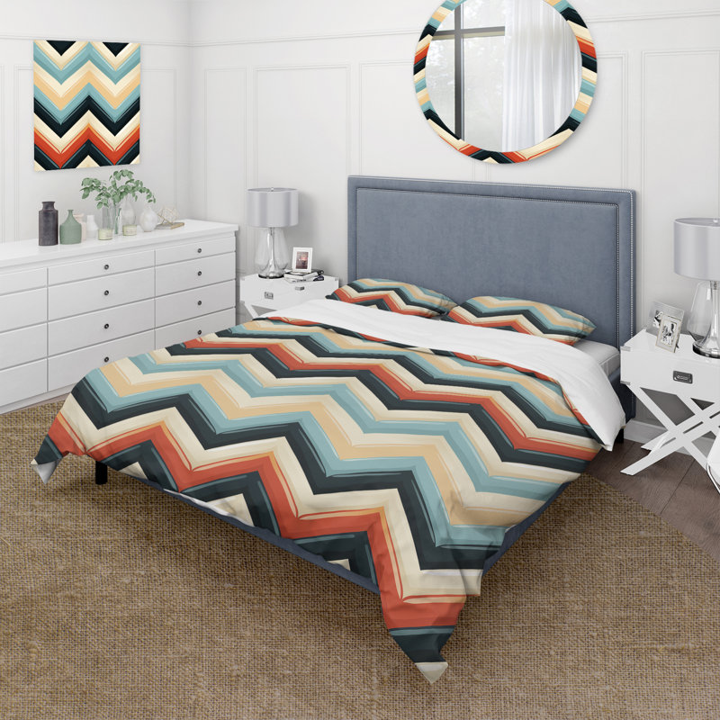 Ensemble de housse de couette en microfibre rouge / beige / bleu Retro Revival Chevron