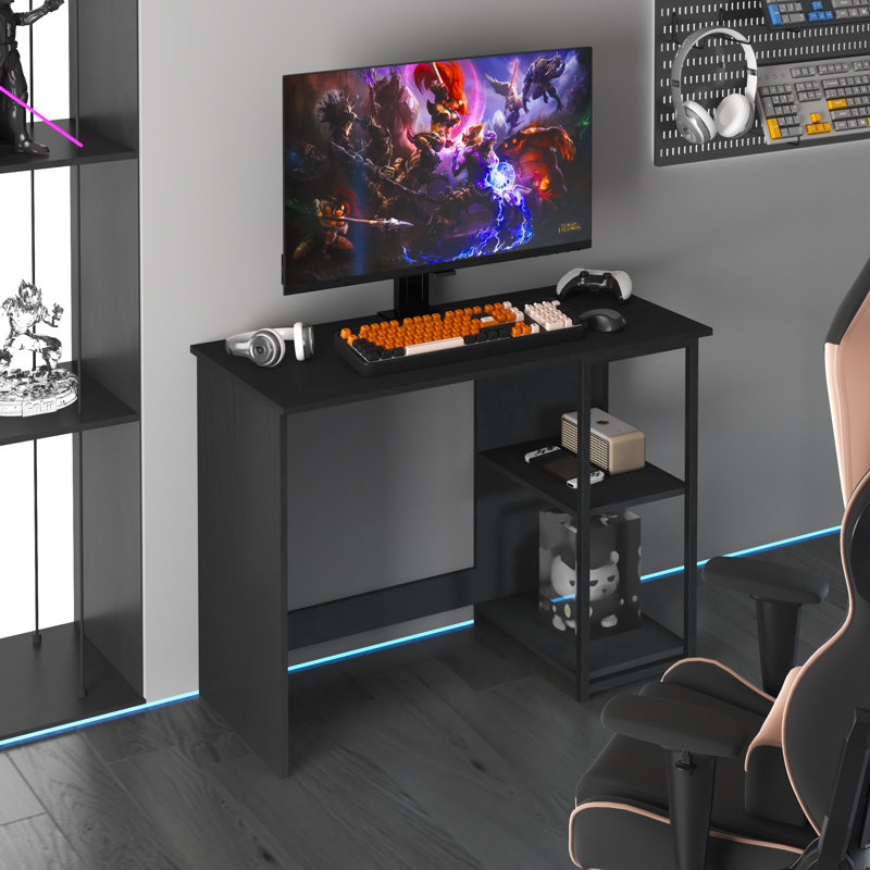Table de bureau d'ordinateur moderne avec tablettes de rangement latérales, poste de travail compact, Americano / noir