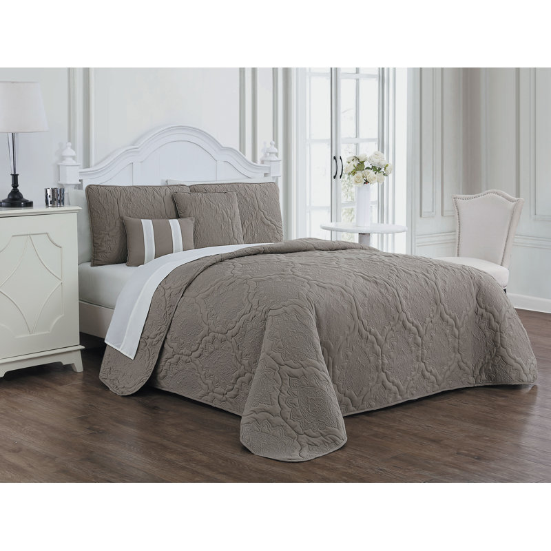 Ensemble de literie 9 pièces nolie, Courtepointe grande taille + 8 pièces supplément, Taupe / ivoire