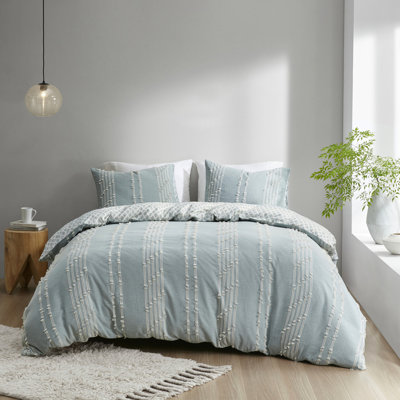 Full/Queen Size Cotton Duvet, Stripe And Reverse With Inside Corner Ties 3 Piece Bedding For Full/Queen, Diamond Print