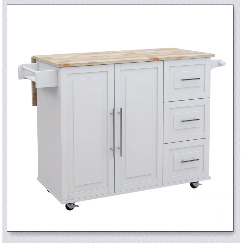 Îlot de cuisine polyvalent avec support à épices, porte-serviettes et plateau de table en bois massif extensible pour une fonctionnalité accrue