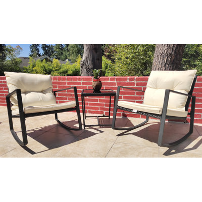 Linneman 3 Piece Outdoor Rocking Chairs Patio Bistro Set with Coffee Table and Cushions