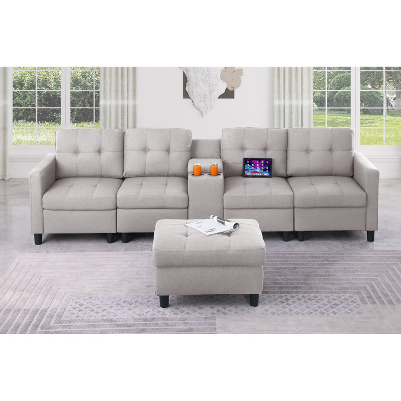 Kentrell Sectional Sofa With USB Ports & Cup Holders, Light Gray Polyester Blend